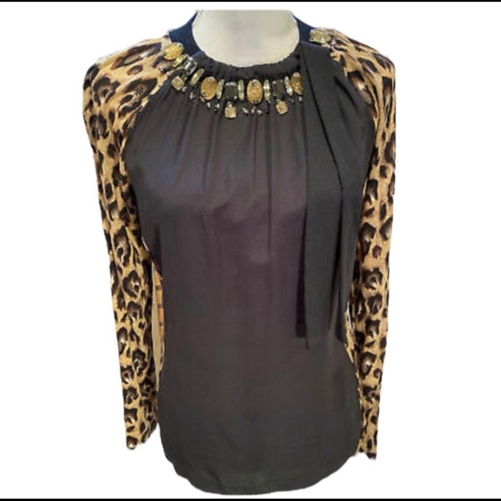 TORY BURCH Women's Black Beige Silk Leopard Beaded Crew Blouse Size M